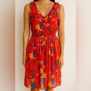 Old Navy Orange Floral Ruffle Sleeve Dress, Cinched Waist Dress, Size XS